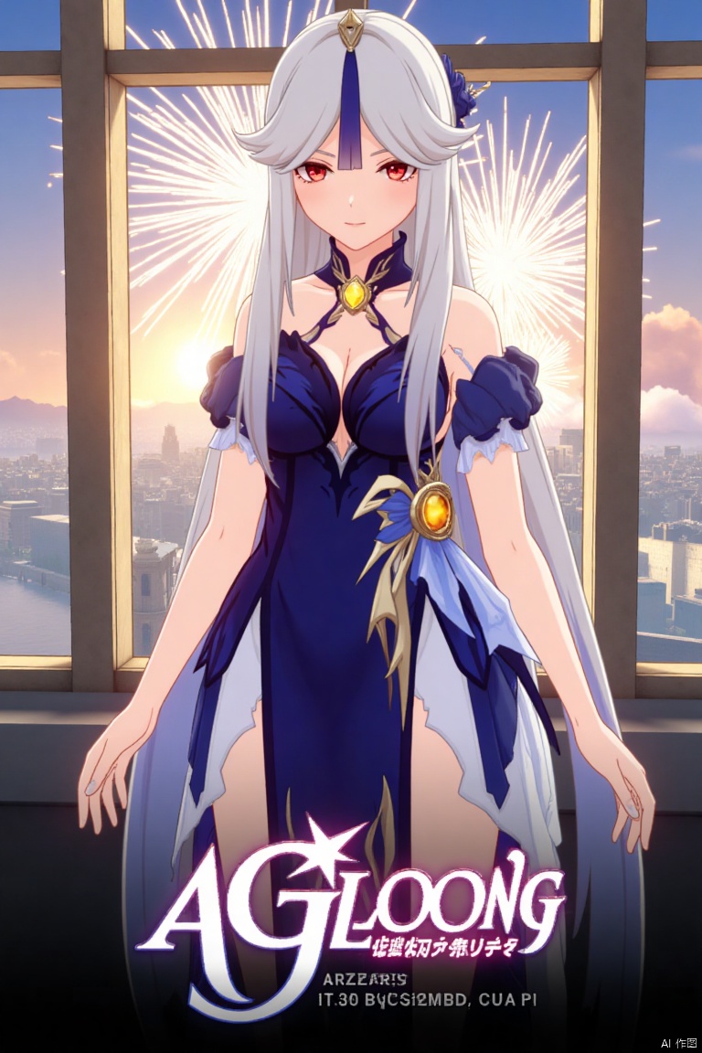 1girl, solo, long hair, very long hair, white hair, bangs, parted bangs, hair ornament, red eyes, looking at viewer, half body, official alternate costume, blue dress, side slit, window, fireworks, ningguang (genshin impact), ng, movie poster, three-dimensional text AGlong in the middle below, cinematic lighting, dynamic composition, detailed background with poster theme, high contrast, sharp focus, dramatic atmosphere.
