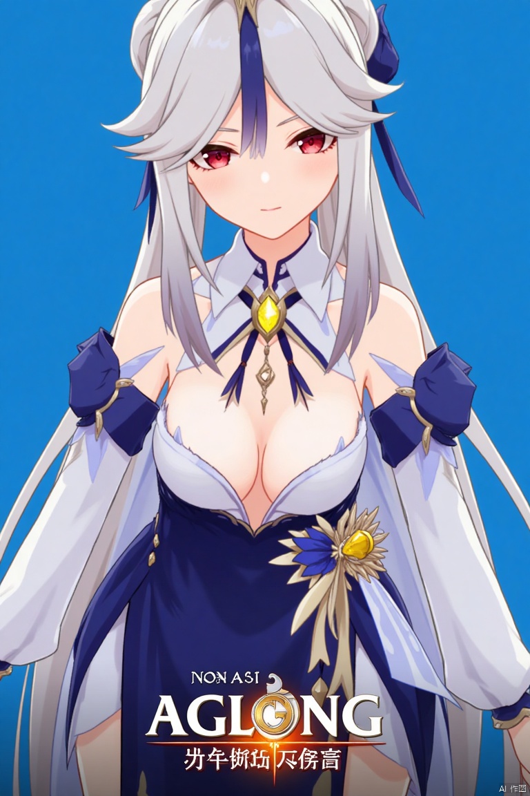 1girl, solo, long hair, very long hair, white hair, bangs, parted bangs, sidelocks, hair ornament, hair stick, tassel hair ornament, red eyes, looking at viewer, parted lips, bare shoulders, collared shirt, white shirt, long sleeves, detached sleeves, shirt tucked in, cleavage, large breasts, high-waist skirt, blue skirt, official alternate costume, ningguang (genshin impact), ng, upper body, simple background, blue background, tassel, movie poster, three-dimensional text AGlong in the middle below, cinematic lighting, dynamic composition, detailed background with poster theme, high contrast, sharp focus, dramatic atmosphere.