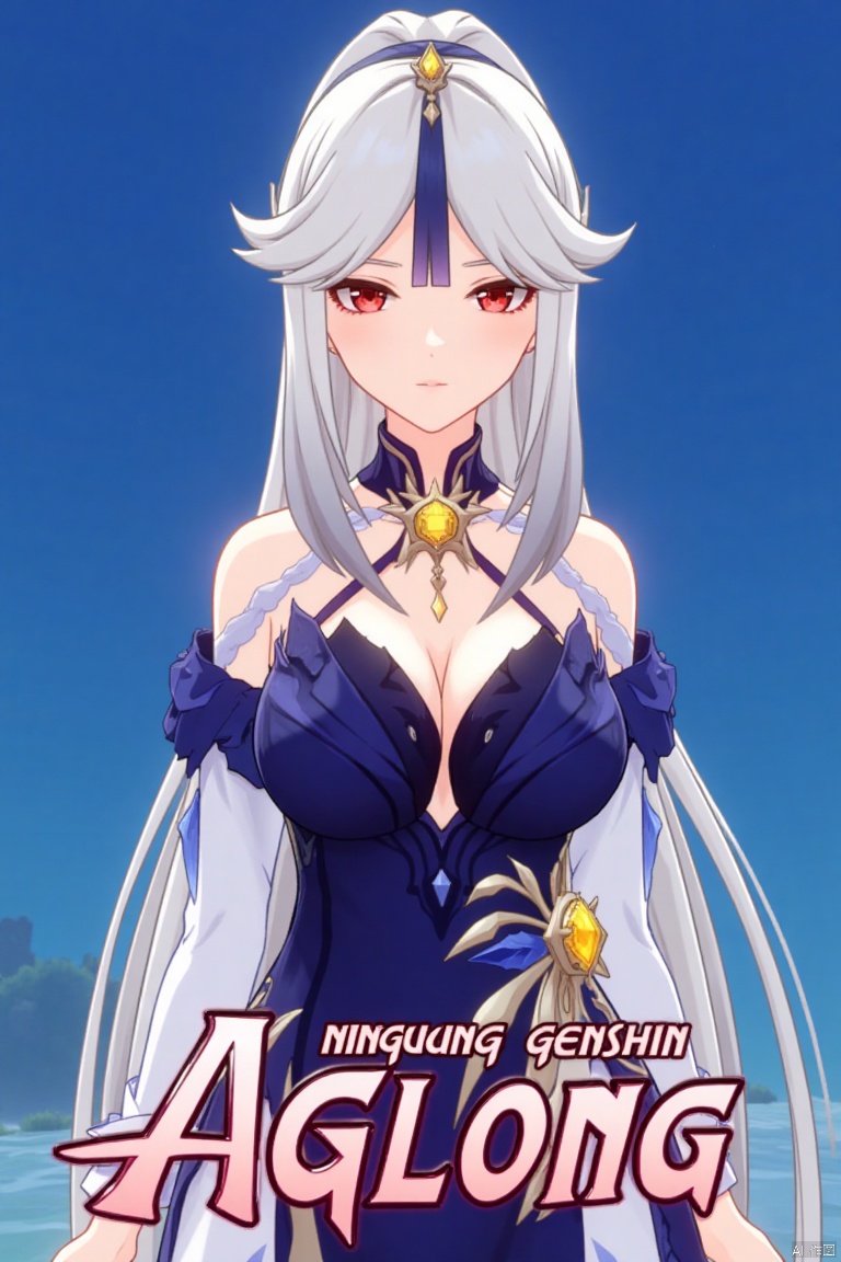 1girl, solo, long hair, very long hair, white hair, bangs, parted bangs, sidelocks, hair ornament, hair stick, tassel hair ornament, red eyes, looking at viewer, parted lips, bare shoulders, collared shirt, white shirt, long sleeves, detached sleeves, shirt tucked in, cleavage, large breasts, high-waist skirt, blue skirt, official alternate costume, ningguang (genshin impact), ng, upper body, simple background, blue background, tassel, movie poster, three-dimensional text AGlong in the middle below, cinematic lighting, dynamic composition, detailed background with poster theme, high contrast, sharp focus, dramatic atmosphere.