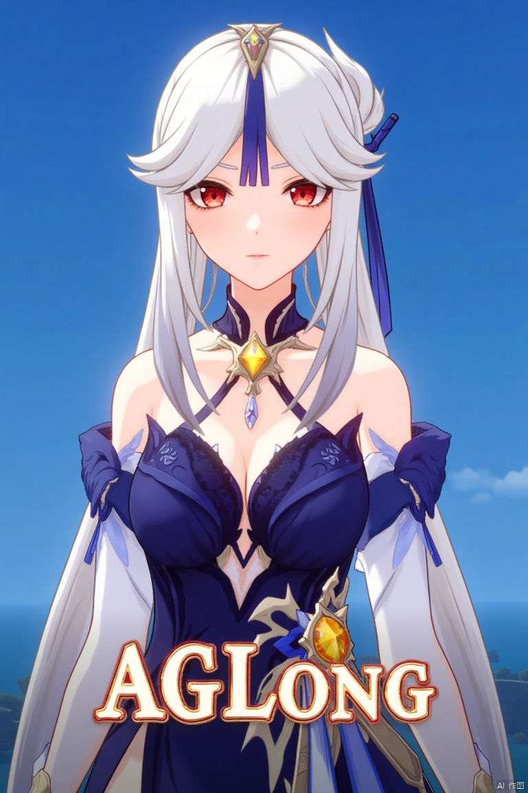 1girl, solo, long hair, very long hair, white hair, bangs, parted bangs, sidelocks, hair ornament, hair stick, tassel hair ornament, red eyes, looking at viewer, parted lips, bare shoulders, collared shirt, white shirt, long sleeves, detached sleeves, shirt tucked in, cleavage, large breasts, high-waist skirt, blue skirt, official alternate costume, ningguang (genshin impact), ng, upper body, simple background, blue background, tassel, movie poster, three-dimensional text AGlong in the middle below, cinematic lighting, dynamic composition, detailed background with poster theme, high contrast, sharp focus, dramatic atmosphere.