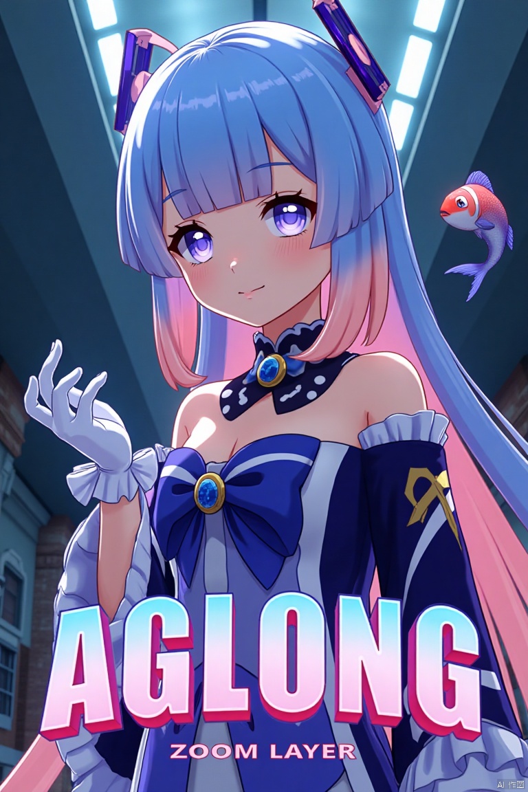 A solo girl with gradient multicolored hair, blending blue and pink, long and flowing with blunt bangs and bow-shaped hair ornament. She has purple eyes, a smile, and is looking at the viewer. Wearing a detached collar, wide sleeves, white half gloves, and a bowtie, she stands bare-shouldered. The setting is a cinematic movie poster with three-dimensional text AGlong in the middle below. A fish adds a zoom layer effect. The background is detailed, high contrast, and dramatic, with sharp focus and dynamic composition, enhancing the overall dramatic atmosphere.