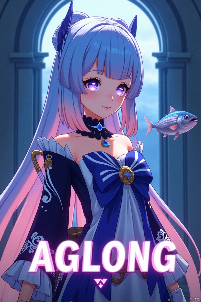 A solo girl with gradient multicolored hair, blending blue and pink, long and flowing with blunt bangs and bow-shaped hair ornament. She has purple eyes, a smile, and is looking at the viewer. Wearing a detached collar, wide sleeves, white half gloves, and a bowtie, she stands bare-shouldered. The setting is a cinematic movie poster with three-dimensional text AGlong in the middle below. A fish adds a zoom layer effect. The background is detailed, high contrast, and dramatic, with sharp focus and dynamic composition, enhancing the overall dramatic atmosphere.