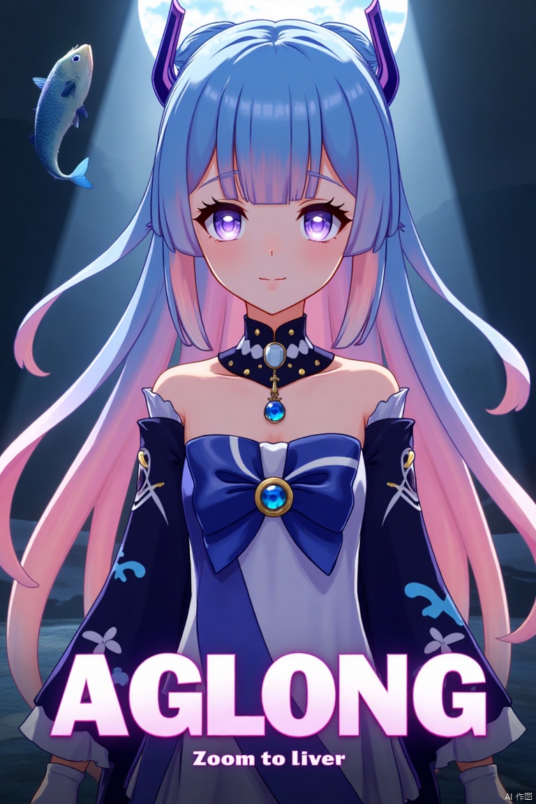 A solo girl with gradient multicolored hair, blending blue and pink, long and flowing with blunt bangs and bow-shaped hair ornament. She has purple eyes, a smile, and is looking at the viewer. Wearing a detached collar, wide sleeves, white half gloves, and a bowtie, she stands bare-shouldered. The setting is a cinematic movie poster with three-dimensional text AGlong in the middle below. A fish adds a zoom layer effect. The background is detailed, high contrast, and dramatic, with sharp focus and dynamic composition, enhancing the overall dramatic atmosphere.