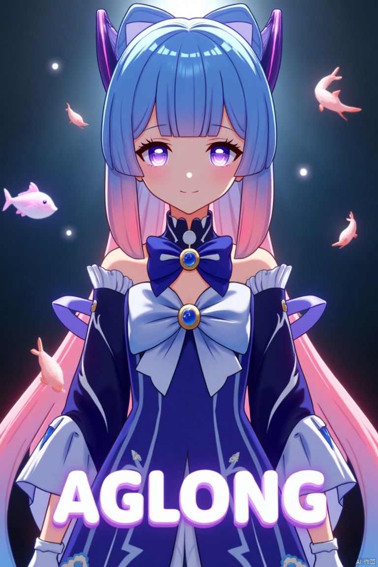 A solo girl with gradient multicolored hair, blending blue and pink, long and flowing with blunt bangs and bow-shaped hair ornament. She has purple eyes, a smile, and is looking at the viewer. Wearing a detached collar, wide sleeves, white half gloves, and a bowtie, she stands bare-shouldered. The setting is a cinematic movie poster with three-dimensional text AGlong in the middle below. A fish adds a zoom layer effect. The background is detailed, high contrast, and dramatic, with sharp focus and dynamic composition, enhancing the overall dramatic atmosphere.
