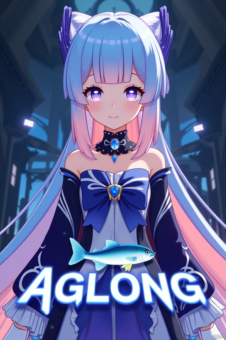 A solo girl with gradient multicolored hair, blending blue and pink, long and flowing with blunt bangs and bow-shaped hair ornament. She has purple eyes, a smile, and is looking at the viewer. Wearing a detached collar, wide sleeves, white half gloves, and a bowtie, she stands bare-shouldered. The setting is a cinematic movie poster with three-dimensional text AGlong in the middle below. A fish adds a zoom layer effect. The background is detailed, high contrast, and dramatic, with sharp focus and dynamic composition, enhancing the overall dramatic atmosphere.