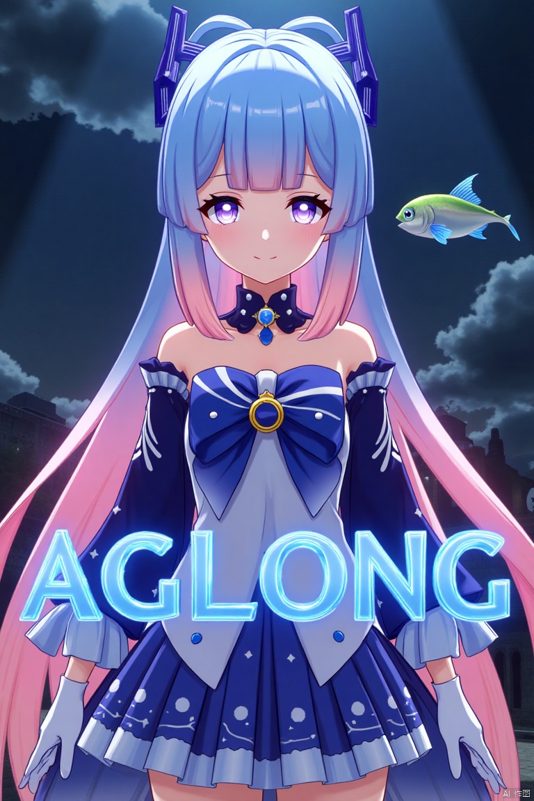 A solo girl with gradient multicolored hair, blending blue and pink, long and flowing with blunt bangs and bow-shaped hair ornament. She has purple eyes, a smile, and is looking at the viewer. Wearing a detached collar, wide sleeves, white half gloves, and a bowtie, she stands bare-shouldered. The setting is a cinematic movie poster with three-dimensional text AGlong in the middle below. A fish adds a zoom layer effect. The background is detailed, high contrast, and dramatic, with sharp focus and dynamic composition, enhancing the overall dramatic atmosphere.
