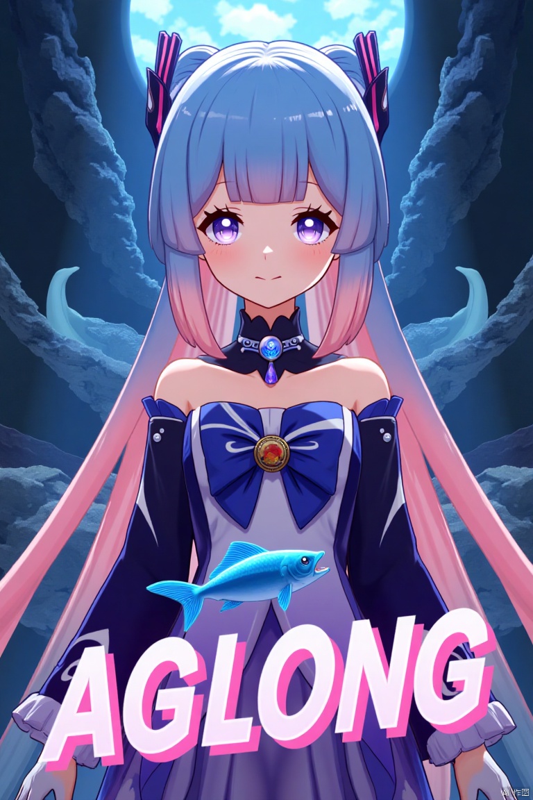 A solo girl with gradient multicolored hair, blending blue and pink, long and flowing with blunt bangs and bow-shaped hair ornament. She has purple eyes, a smile, and is looking at the viewer. Wearing a detached collar, wide sleeves, white half gloves, and a bowtie, she stands bare-shouldered. The setting is a cinematic movie poster with three-dimensional text AGlong in the middle below. A fish adds a zoom layer effect. The background is detailed, high contrast, and dramatic, with sharp focus and dynamic composition, enhancing the overall dramatic atmosphere.