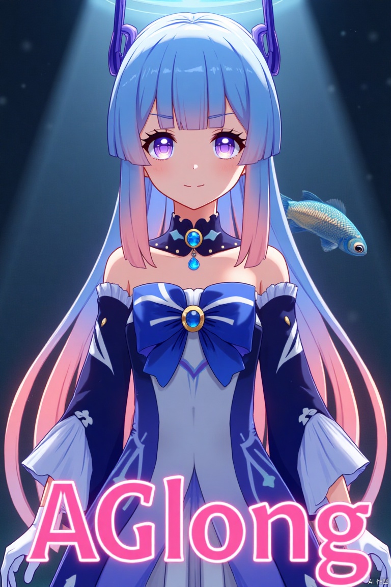 A solo girl with gradient multicolored hair, blending blue and pink, long and flowing with blunt bangs and bow-shaped hair ornament. She has purple eyes, a smile, and is looking at the viewer. Wearing a detached collar, wide sleeves, white half gloves, and a bowtie, she stands bare-shouldered. The setting is a cinematic movie poster with three-dimensional text AGlong in the middle below. A fish adds a zoom layer effect. The background is detailed, high contrast, and dramatic, with sharp focus and dynamic composition, enhancing the overall dramatic atmosphere.