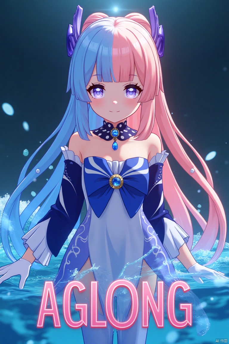 A solo girl with multicolored hair, blue and pink strands, long and flowing, with blunt bangs and a bow-shaped hair ornament. She has purple eyes, a blush, and a closed-mouth smile. Wearing a detached collar, frilled sleeves, wide and long, white half gloves, and thigh-highs, she is partially submerged in water. Her pose is dynamic, looking directly at the viewer. The setting is a cinematic movie poster with three-dimensional text AGlong in the middle below. The background is detailed, high contrast, and dramatic, with sharp focus and dynamic composition.