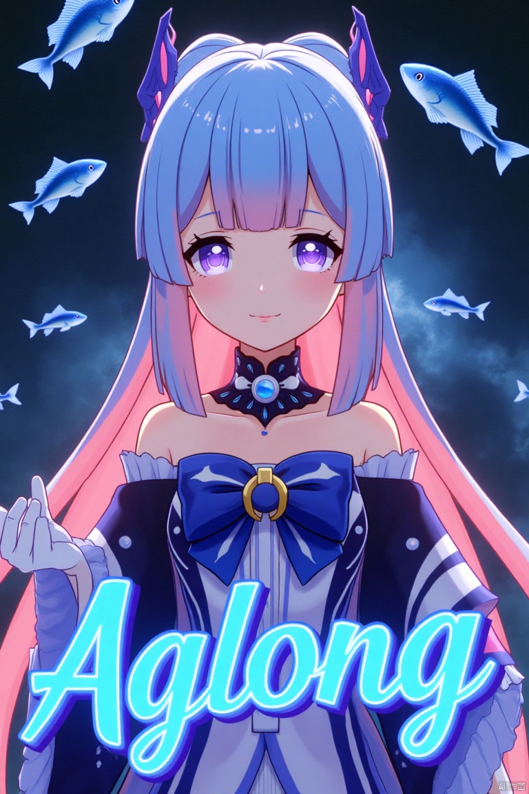 A solo girl with gradient multicolored hair, blending blue and pink, long and flowing with blunt bangs and bow-shaped hair ornament. She has purple eyes, a smile, and is looking at the viewer. Wearing a detached collar, wide sleeves, white half gloves, and a bowtie, she stands bare-shouldered. The setting is a cinematic movie poster with three-dimensional text AGlong in the middle below. A fish adds a zoom layer effect. The background is detailed, high contrast, and dramatic, with sharp focus and dynamic composition, enhancing the overall dramatic atmosphere.