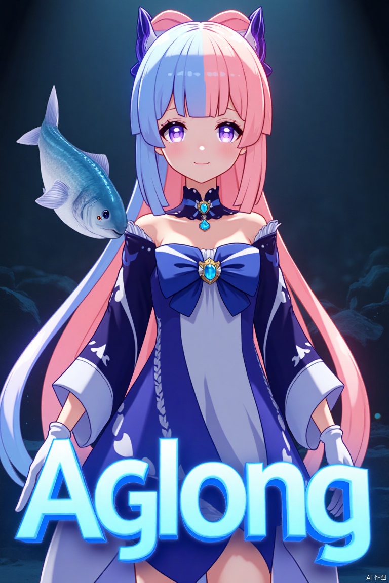 A solo girl with gradient multicolored hair, blending blue and pink, long and flowing with blunt bangs and bow-shaped hair ornament. She has purple eyes, a smile, and is looking at the viewer. Wearing a detached collar, wide sleeves, white half gloves, and a bowtie, she stands bare-shouldered. The setting is a cinematic movie poster with three-dimensional text AGlong in the middle below. A fish adds a zoom layer effect. The background is detailed, high contrast, and dramatic, with sharp focus and dynamic composition, enhancing the overall dramatic atmosphere.