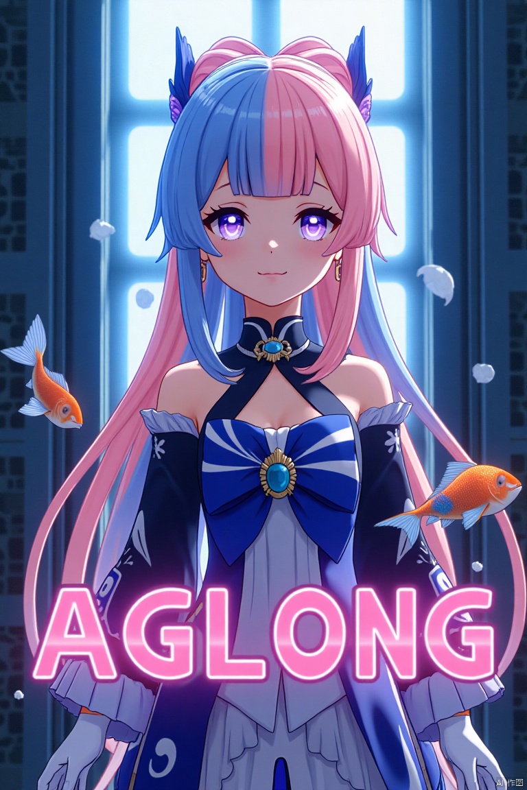 A solo girl with gradient multicolored hair, blending blue and pink, long and flowing with blunt bangs and bow-shaped hair ornament. She has purple eyes, a smile, and is looking at the viewer. Wearing a detached collar, wide sleeves, white half gloves, and a bowtie, she stands bare-shouldered. The setting is a cinematic movie poster with three-dimensional text AGlong in the middle below. A fish adds a zoom layer effect. The background is detailed, high contrast, and dramatic, with sharp focus and dynamic composition, enhancing the overall dramatic atmosphere.
