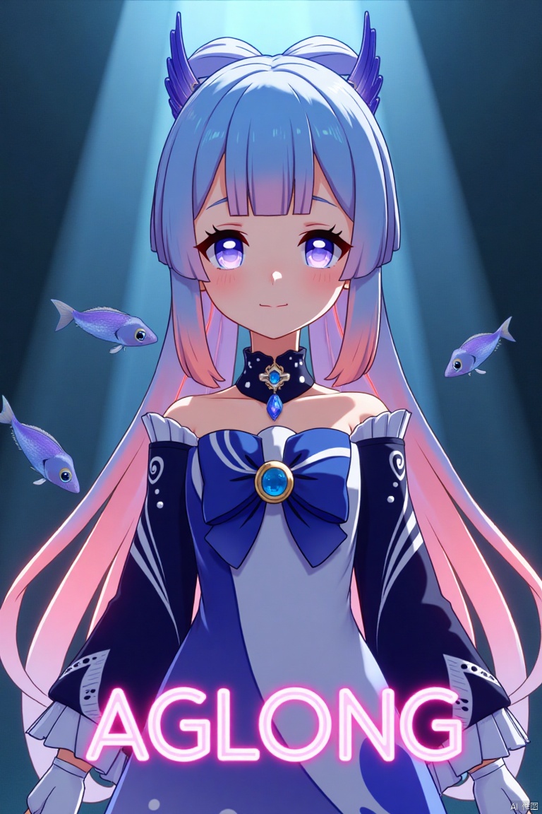 A solo girl with gradient multicolored hair, blending blue and pink, long and flowing with blunt bangs and bow-shaped hair ornament. She has purple eyes, a smile, and is looking at the viewer. Wearing a detached collar, wide sleeves, white half gloves, and a bowtie, she stands bare-shouldered. The setting is a cinematic movie poster with three-dimensional text AGlong in the middle below. A fish adds a zoom layer effect. The background is detailed, high contrast, and dramatic, with sharp focus and dynamic composition, enhancing the overall dramatic atmosphere.