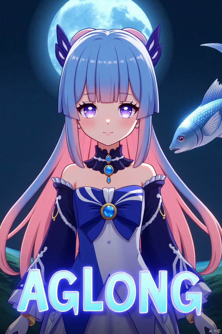 A solo girl with gradient multicolored hair, blending blue and pink, long and flowing with blunt bangs and bow-shaped hair ornament. She has purple eyes, a smile, and is looking at the viewer. Wearing a detached collar, wide sleeves, white half gloves, and a bowtie, she stands bare-shouldered. The setting is a cinematic movie poster with three-dimensional text AGlong in the middle below. A fish adds a zoom layer effect. The background is detailed, high contrast, and dramatic, with sharp focus and dynamic composition, enhancing the overall dramatic atmosphere.