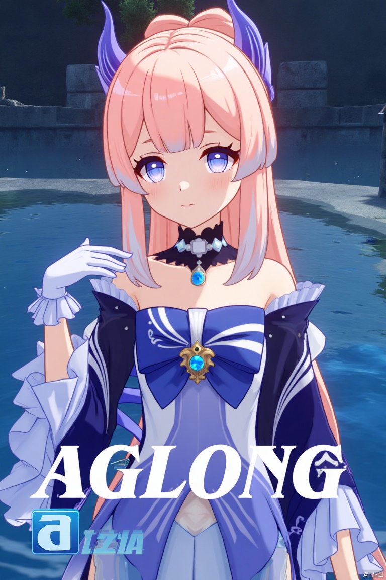 1girl, solo, long multicolored hair with pink and blue tones, looking at viewer with a blush and a closed-mouth smile, bangs framing her face, blue and purple eyes, wearing a hair ornament with a bow-shaped design, thighhighs, white gloves with frilled sleeves, long wide sleeves, bare shoulders, detached collar, partially submerged in water, cinematic lighting, dynamic composition, detailed background with a poster theme, high contrast, sharp focus, dramatic atmosphere, three-dimensional text AGlong in the middle below, inspired by Sangonomiya Kokomi from Genshin Impact, frills, bow, half gloves, blue horns, vision (Genshin Impact), movie poster style.
