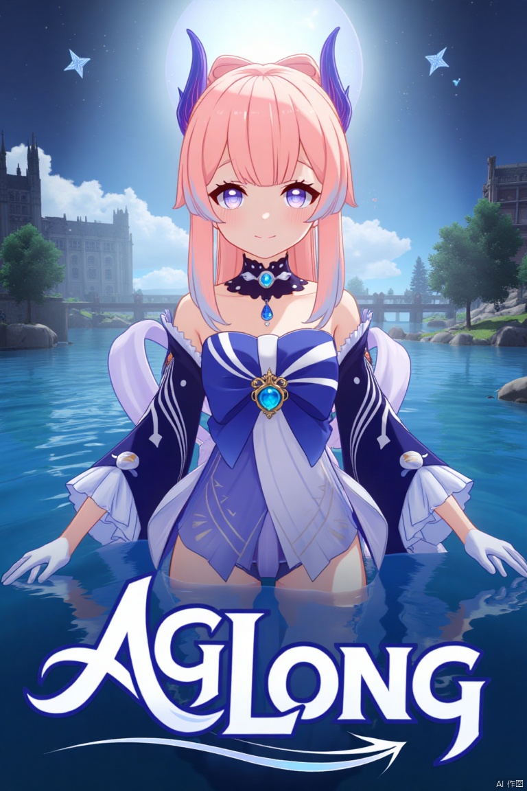 1girl, solo, long multicolored hair with pink and blue tones, looking at viewer with a blush and a closed-mouth smile, bangs framing her face, blue and purple eyes, wearing a hair ornament with a bow-shaped design, thighhighs, white gloves with frilled sleeves, long wide sleeves, bare shoulders, detached collar, partially submerged in water, cinematic lighting, dynamic composition, detailed background with a poster theme, high contrast, sharp focus, dramatic atmosphere, three-dimensional text AGlong in the middle below, inspired by Sangonomiya Kokomi from Genshin Impact, frills, bow, half gloves, blue horns, vision (Genshin Impact), movie poster style.
