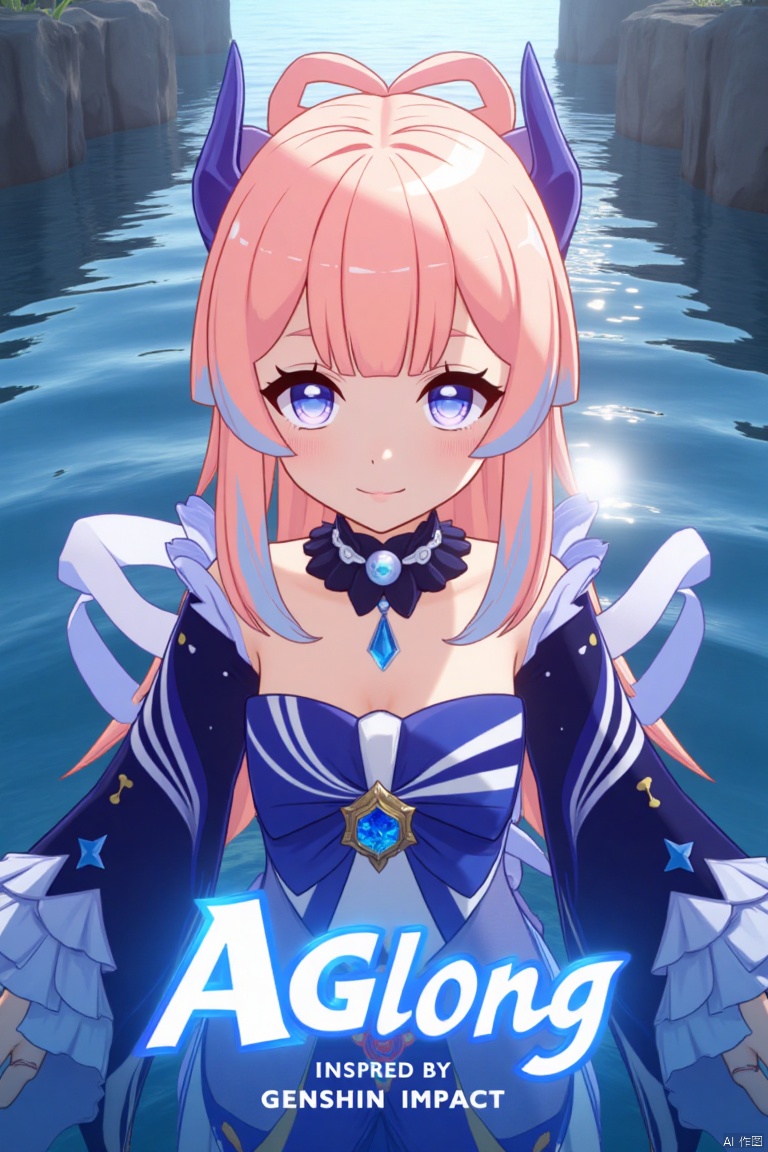 1girl, solo, long multicolored hair blending pink and blue tones, looking directly at the viewer with a soft blush and a closed-mouth smile, blunt bangs framing her face, blue and purple eyes, adorned with a bow-shaped hair ornament, wearing thighhighs, white gloves with frilled sleeves, long wide sleeves, bare shoulders, detached collar, partially submerged in shimmering water, cinematic lighting casting dramatic shadows, dynamic composition with a detailed poster-themed background, high contrast, sharp focus, dramatic atmosphere, three-dimensional text AGlong centered below, inspired by Sangonomiya Kokomi from Genshin Impact, frills, bow, half gloves, blue horns, vision (Genshin Impact), movie poster style.