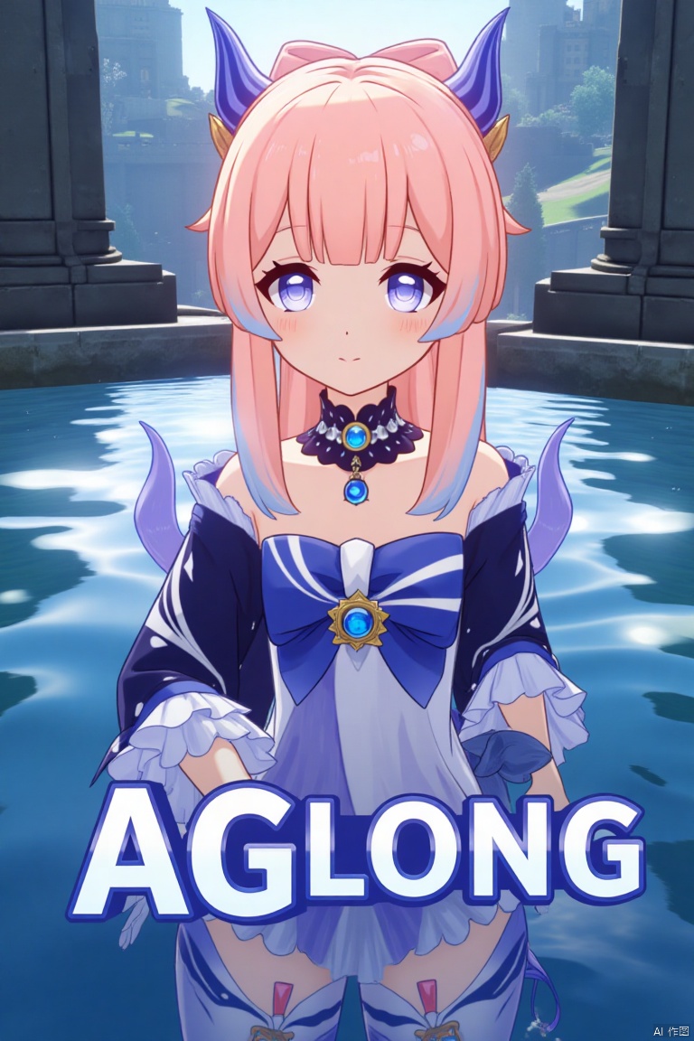 1girl, solo, long multicolored hair blending pink and blue tones, looking directly at the viewer with a soft blush and a closed-mouth smile, blunt bangs framing her face, blue and purple eyes, adorned with a bow-shaped hair ornament, wearing thighhighs, white gloves with frilled sleeves, long wide sleeves, bare shoulders, detached collar, partially submerged in shimmering water, cinematic lighting casting dramatic shadows, dynamic composition with a detailed poster-themed background, high contrast, sharp focus, dramatic atmosphere, three-dimensional text AGlong centered below, inspired by Sangonomiya Kokomi from Genshin Impact, frills, bow, half gloves, blue horns, vision (Genshin Impact), movie poster style.