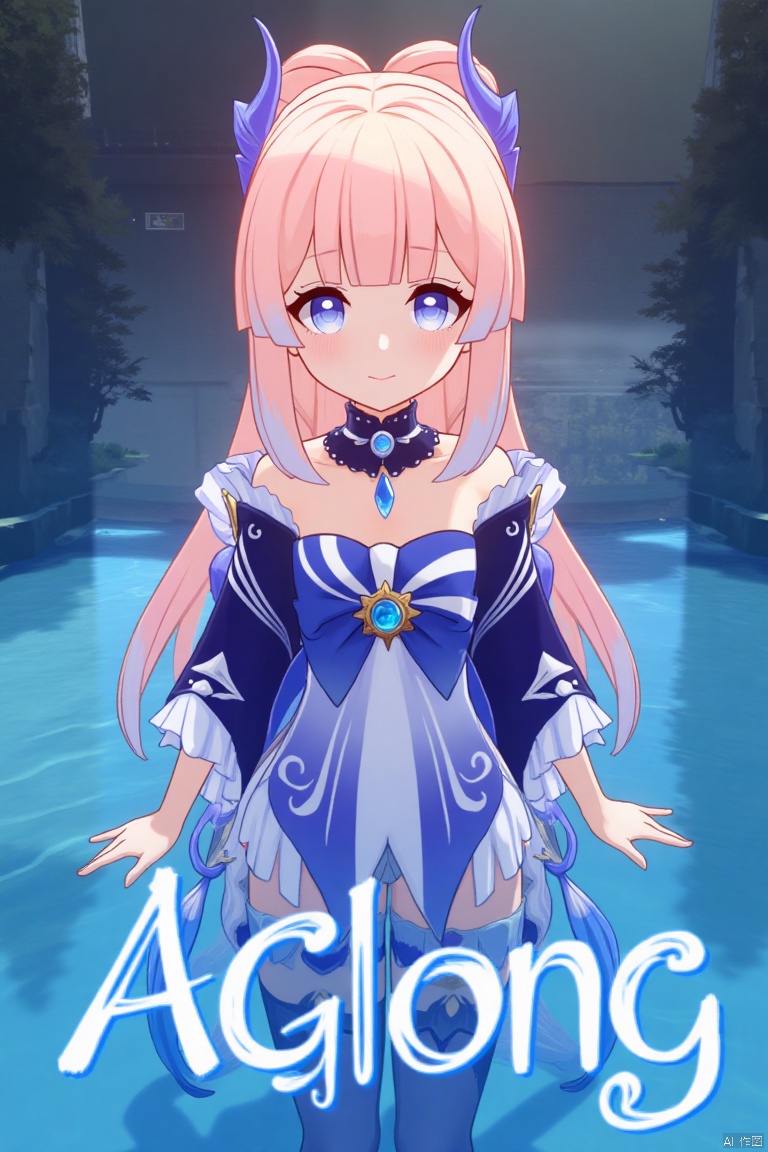1girl, solo, long multicolored hair blending pink and blue tones, looking directly at the viewer with a soft blush and a closed-mouth smile, blunt bangs framing her face, blue and purple eyes, adorned with a bow-shaped hair ornament, wearing thighhighs, white gloves with frilled sleeves, long wide sleeves, bare shoulders, detached collar, partially submerged in shimmering water, cinematic lighting casting dramatic shadows, dynamic composition with a detailed poster-themed background, high contrast, sharp focus, dramatic atmosphere, three-dimensional text AGlong centered below, inspired by Sangonomiya Kokomi from Genshin Impact, frills, bow, half gloves, blue horns, vision (Genshin Impact), movie poster style.