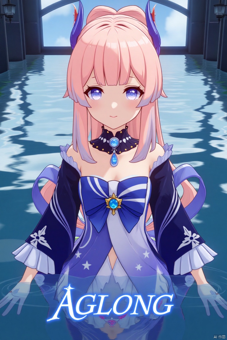 1girl, solo, long multicolored hair with pink and blue tones, looking at viewer with a blush and a closed-mouth smile, bangs framing her face, blue and purple eyes, wearing a hair ornament with a bow-shaped design, thighhighs, white gloves with frilled sleeves, long wide sleeves, bare shoulders, detached collar, partially submerged in water, cinematic lighting, dynamic composition, detailed background with a poster theme, high contrast, sharp focus, dramatic atmosphere, three-dimensional text AGlong in the middle below, inspired by Sangonomiya Kokomi from Genshin Impact, frills, bow, half gloves, blue horns, vision (Genshin Impact), movie poster style.