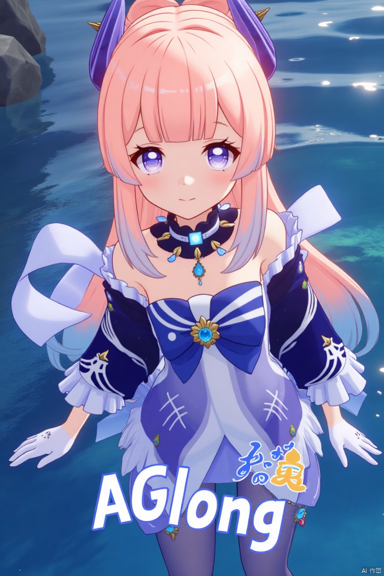 1girl, solo, long multicolored hair blending pink and blue tones, looking directly at the viewer with a soft blush and a closed-mouth smile, blunt bangs framing her face, blue and purple eyes, adorned with a bow-shaped hair ornament, wearing thighhighs, white gloves with frilled sleeves, long wide sleeves, bare shoulders, detached collar, partially submerged in shimmering water, cinematic lighting casting dramatic shadows, dynamic composition with a detailed poster-themed background, high contrast, sharp focus, dramatic atmosphere, three-dimensional text AGlong centered below, inspired by Sangonomiya Kokomi from Genshin Impact, frills, bow, half gloves, blue horns, vision (Genshin Impact), movie poster style.