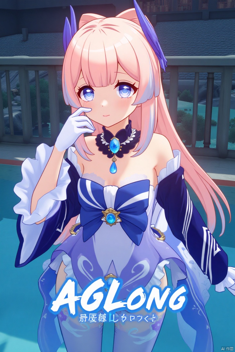 1girl, solo, long multicolored hair with pink and blue tones, looking at viewer with a blush and a closed-mouth smile, bangs framing her face, blue and purple eyes, wearing a hair ornament with a bow-shaped design, thighhighs, white gloves with frilled sleeves, long wide sleeves, bare shoulders, detached collar, partially submerged in water, cinematic lighting, dynamic composition, detailed background with a poster theme, high contrast, sharp focus, dramatic atmosphere, three-dimensional text AGlong in the middle below, inspired by Sangonomiya Kokomi from Genshin Impact, frills, bow, half gloves, blue horns, vision (Genshin Impact), movie poster style.