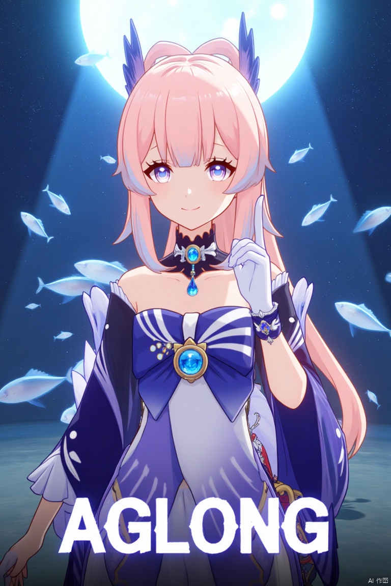 1girl, solo, long multicolored hair with blue, pink, and gradient tones, looking at viewer with a smile, bangs framing her face, blue and purple eyes, wearing a hair ornament with a bow-shaped design, sidelocks, detached sleeves, white gloves, wide sleeves, bare shoulders, bowtie, half gloves, and a vision, inspired by Sangonomiya Kokomi from Genshin Impact, cinematic lighting, dynamic composition, detailed background with a poster theme, high contrast, sharp focus, dramatic atmosphere, three-dimensional text AGlong in the middle below, surrounded by fish and zoom layer effects, movie poster style.