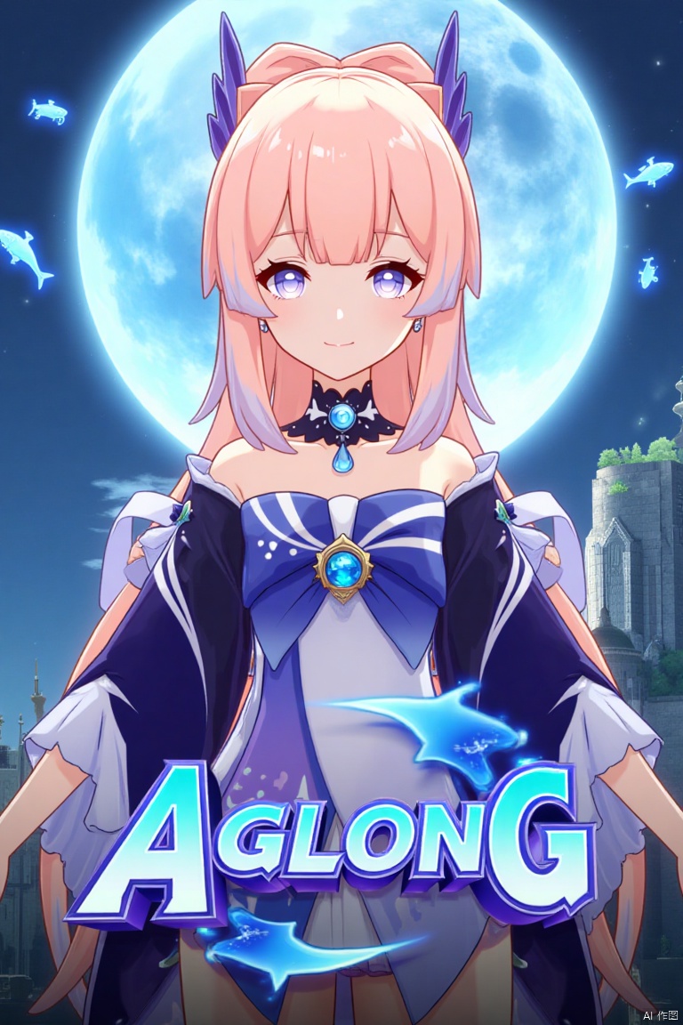 1girl, solo, long multicolored hair with blue, pink, and gradient tones, looking at viewer with a smile, bangs framing her face, blue and purple eyes, wearing a hair ornament with a bow-shaped design, sidelocks, detached sleeves, white gloves, wide sleeves, bare shoulders, bowtie, half gloves, and a vision, inspired by Sangonomiya Kokomi from Genshin Impact, cinematic lighting, dynamic composition, detailed background with a poster theme, high contrast, sharp focus, dramatic atmosphere, three-dimensional text AGlong in the middle below, surrounded by fish and zoom layer effects, movie poster style.
