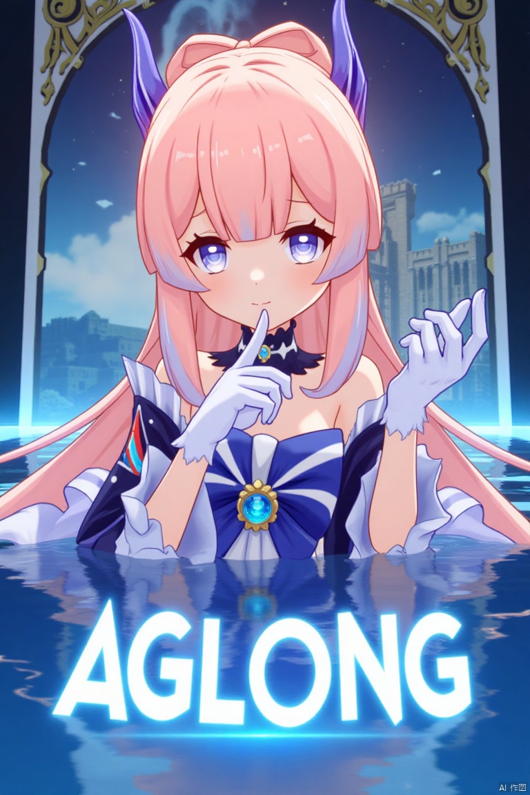 1girl, solo, long multicolored hair with pink and blue tones, looking at viewer with a blush and a closed-mouth smile, bangs framing her face, blue and purple eyes, wearing a hair ornament with a bow-shaped design, thighhighs, white gloves, long frilled sleeves, bare shoulders, detached collar, partially submerged in water, cinematic lighting, dynamic composition, detailed background with a poster theme, high contrast, sharp focus, dramatic atmosphere, three-dimensional text AGlong in the middle below, inspired by Sangonomiya Kokomi from Genshin Impact, blue horns, frills, wide sleeves, half gloves, bow, and a vision, movie poster style.