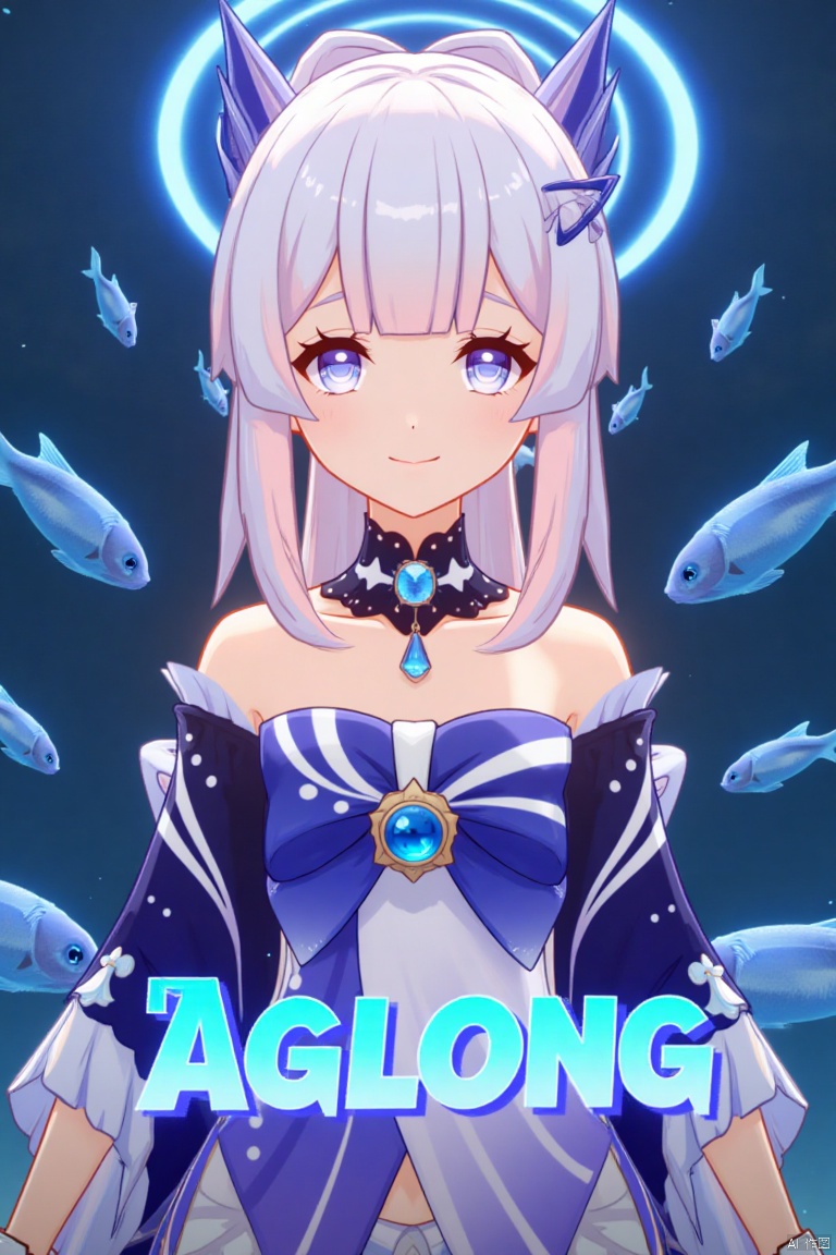 1girl, solo, long multicolored hair with blue, pink, and gradient tones, looking at viewer with a smile, bangs framing her face, blue and purple eyes, wearing a hair ornament with a bow-shaped design, sidelocks, detached sleeves, white gloves, wide sleeves, bare shoulders, bowtie, half gloves, and a vision, inspired by Sangonomiya Kokomi from Genshin Impact, cinematic lighting, dynamic composition, detailed background with a poster theme, high contrast, sharp focus, dramatic atmosphere, three-dimensional text AGlong in the middle below, surrounded by fish and zoom layer effects, movie poster style.