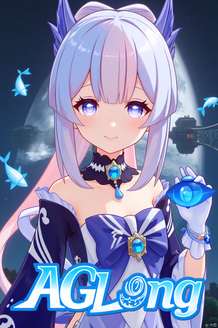 1girl, solo, long multicolored hair with blue, pink, and gradient tones, looking at viewer with a smile, bangs framing her face, blue and purple eyes, wearing a hair ornament with a bow-shaped design, sidelocks, detached sleeves, white gloves, wide sleeves, bare shoulders, bowtie, half gloves, and a vision, inspired by Sangonomiya Kokomi from Genshin Impact, cinematic lighting, dynamic composition, detailed background with a poster theme, high contrast, sharp focus, dramatic atmosphere, three-dimensional text AGlong in the middle below, surrounded by fish and zoom layer effects, movie poster style.