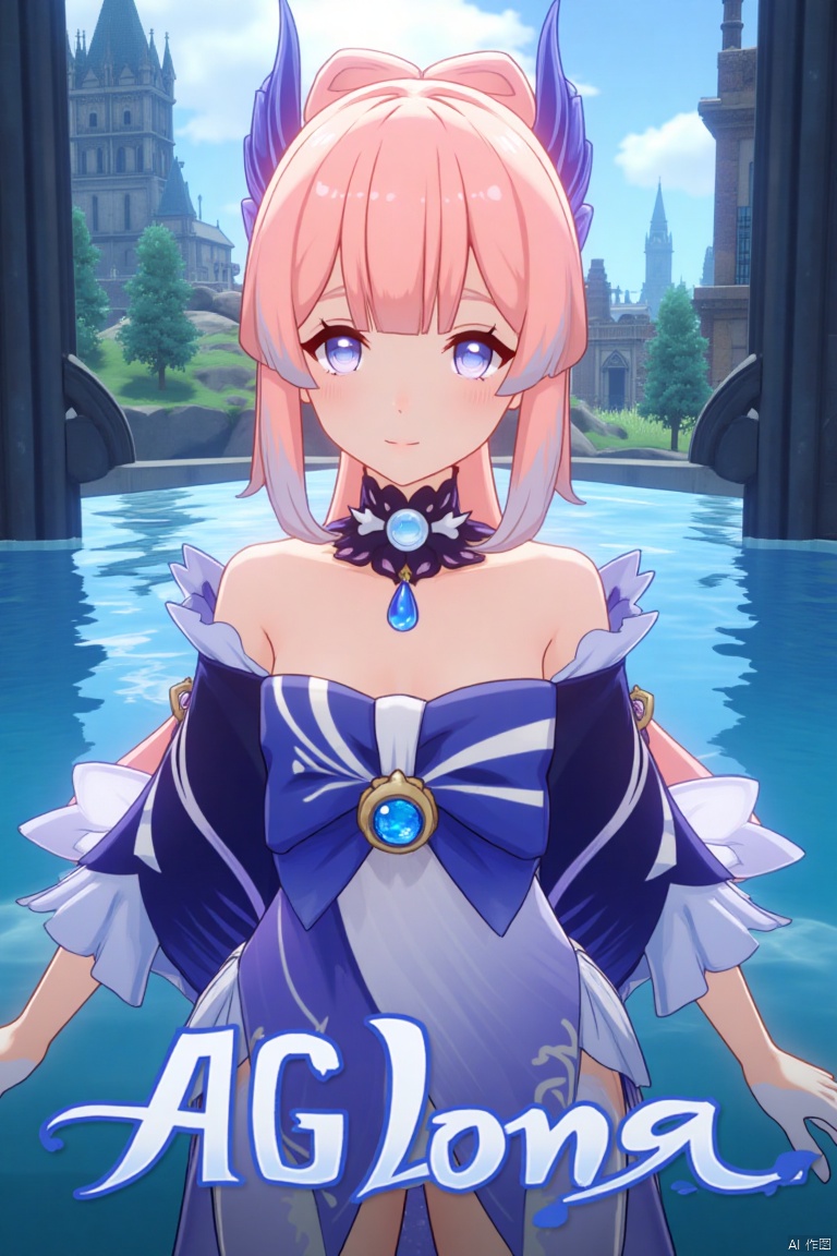 1girl, solo, long multicolored hair with pink and blue tones, looking at viewer with a blush and a closed-mouth smile, bangs framing her face, blue and purple eyes, wearing a hair ornament with a bow-shaped design, thighhighs, white gloves, long frilled sleeves, bare shoulders, detached collar, partially submerged in water, cinematic lighting, dynamic composition, detailed background with a poster theme, high contrast, sharp focus, dramatic atmosphere, three-dimensional text AGlong in the middle below, inspired by Sangonomiya Kokomi from Genshin Impact, blue horns, frills, wide sleeves, half gloves, bow, and a vision, movie poster style.