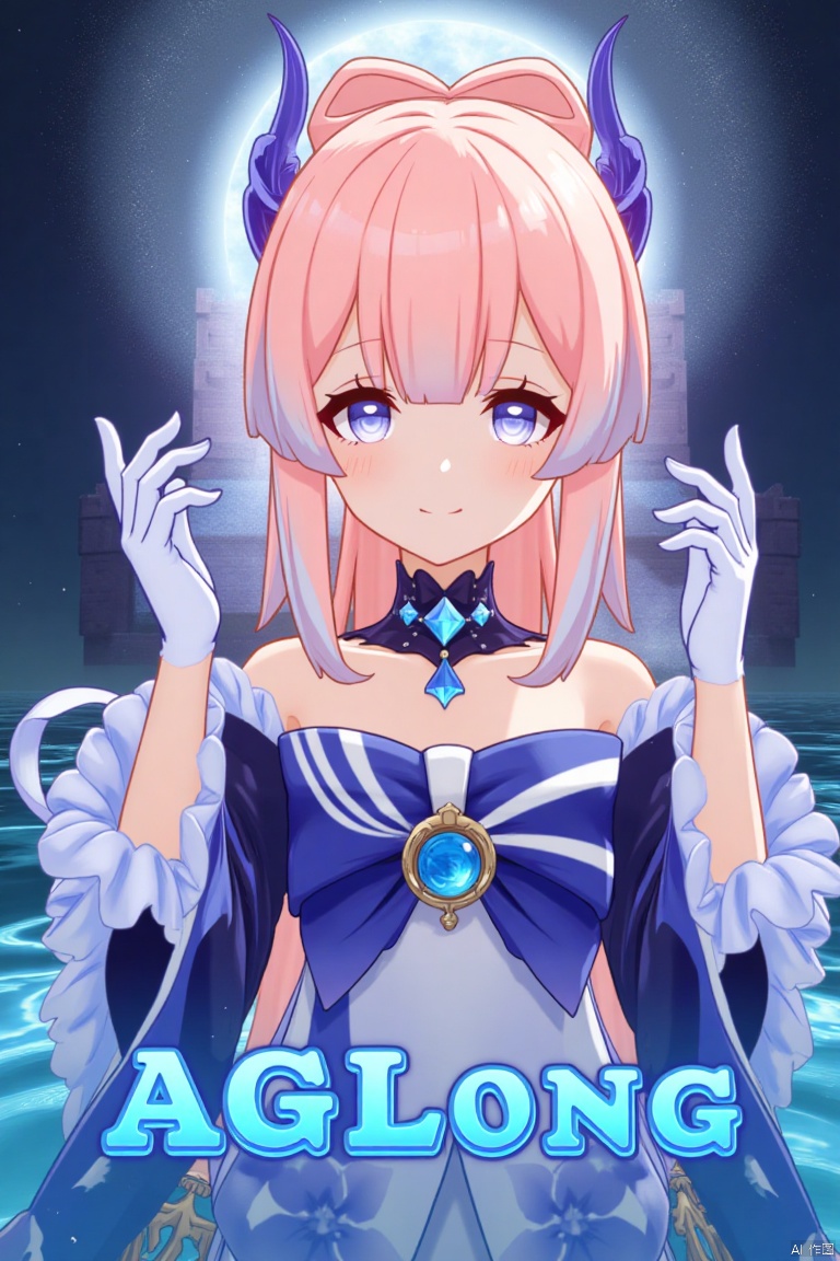 1girl, solo, long multicolored hair with pink and blue tones, looking at viewer with a blush and a closed-mouth smile, bangs framing her face, blue and purple eyes, wearing a hair ornament with a bow-shaped design, thighhighs, white gloves, long frilled sleeves, bare shoulders, detached collar, partially submerged in water, cinematic lighting, dynamic composition, detailed background with a poster theme, high contrast, sharp focus, dramatic atmosphere, three-dimensional text AGlong in the middle below, inspired by Sangonomiya Kokomi from Genshin Impact, blue horns, frills, wide sleeves, half gloves, bow, and a vision, movie poster style.