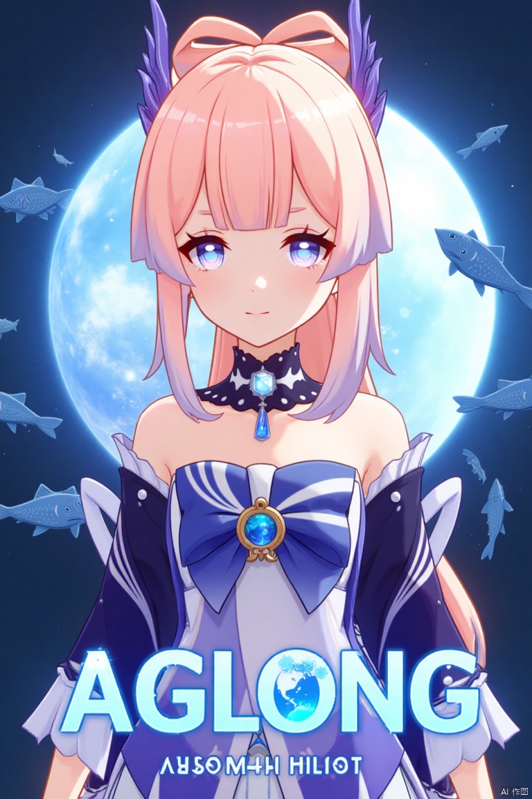 1girl, solo, long multicolored hair with blue, pink, and gradient tones, looking at viewer with a smile, bangs framing her face, blue and purple eyes, wearing a hair ornament with a bow-shaped design, sidelocks, detached sleeves, white gloves, wide sleeves, bare shoulders, bowtie, half gloves, and a vision, inspired by Sangonomiya Kokomi from Genshin Impact, cinematic lighting, dynamic composition, detailed background with a poster theme, high contrast, sharp focus, dramatic atmosphere, three-dimensional text AGlong in the middle below, surrounded by fish and zoom layer effects, movie poster style.