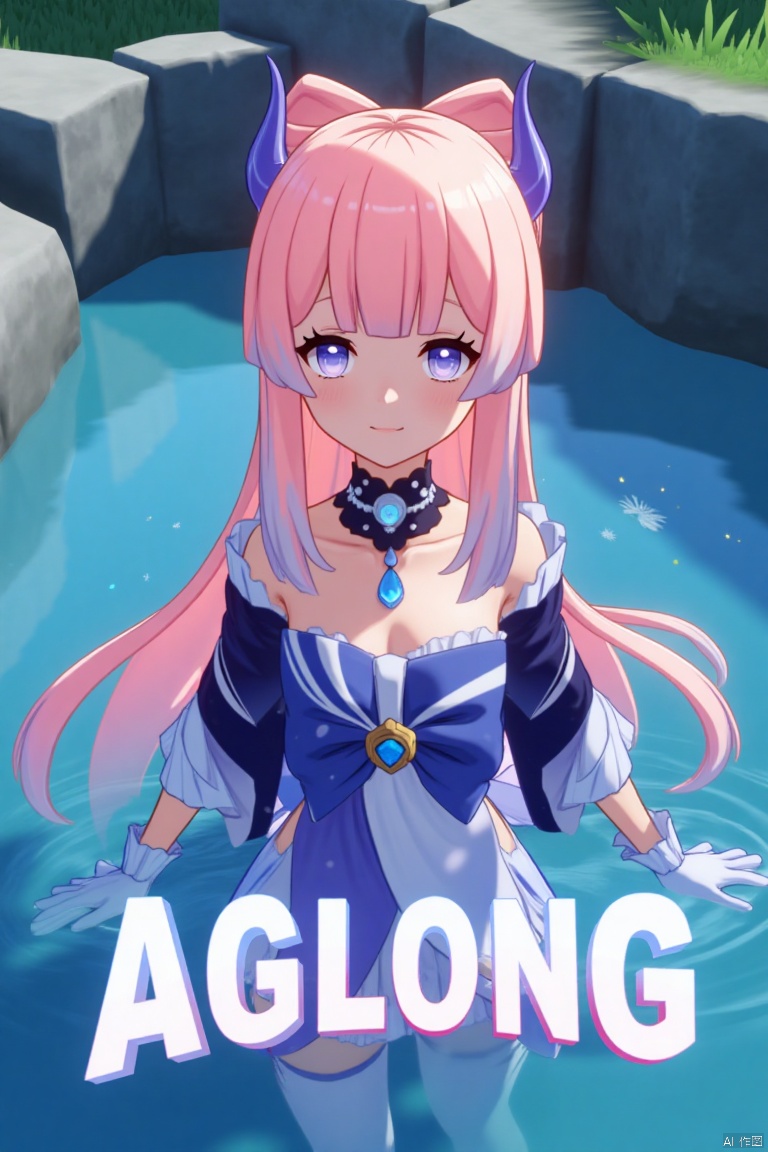 A solo girl with long, multicolored hair featuring pink and blue tones, blunt bangs, and a bow-shaped hair ornament, stands partially submerged in water. She has purple eyes, a blush, and a closed-mouth smile, looking directly at the viewer. She wears a detached collar, frilled sleeves, white gloves, thighhighs, and a bow, with bare shoulders and blue horns. The cinematic lighting highlights her dynamic pose, with a detailed background matching the poster theme. The composition is sharp and high-contrast, creating a dramatic atmosphere. Three-dimensional text AGlong is centered below, enhancing the movie poster aesthetic.