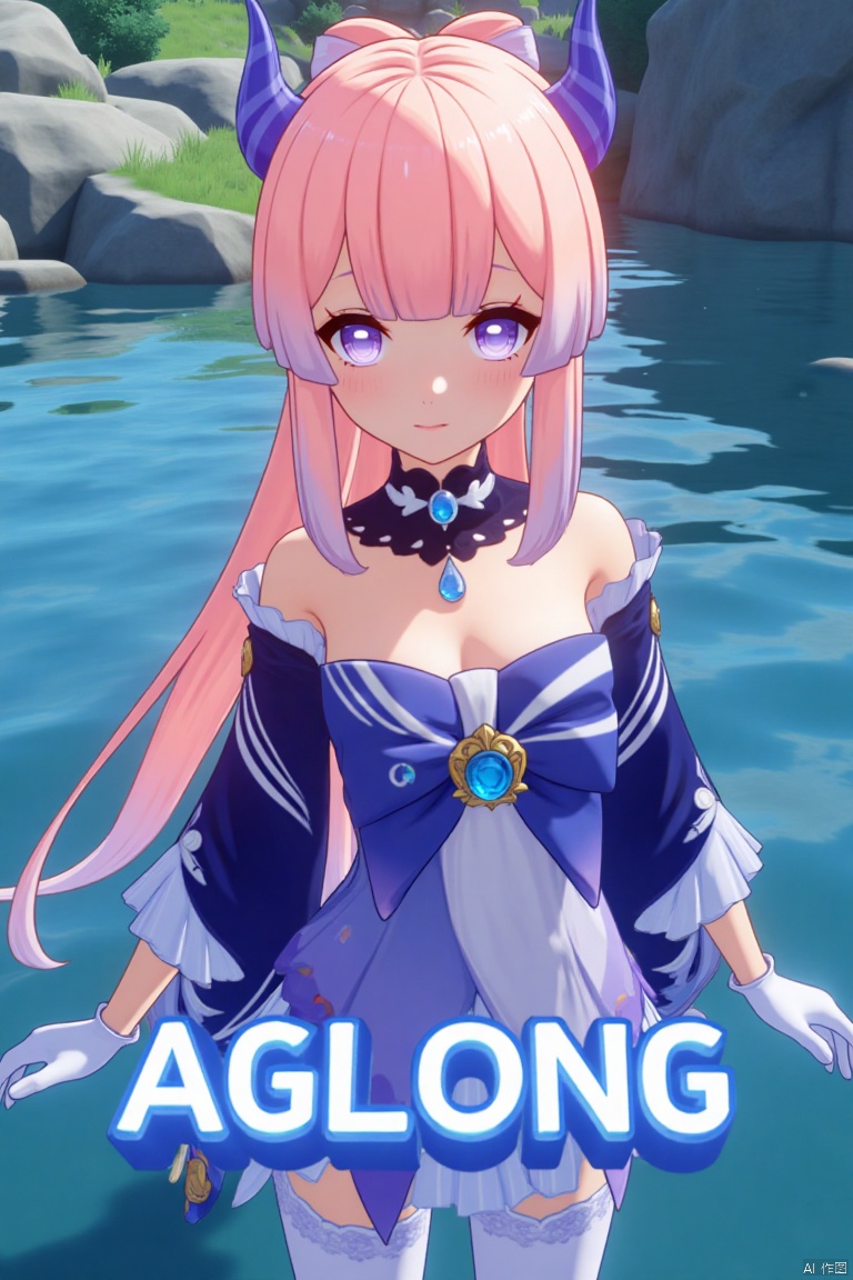 A solo girl with long, multicolored hair featuring pink and blue tones, blunt bangs, and a bow-shaped hair ornament, stands partially submerged in water. She has purple eyes, a blush, and a closed-mouth smile, looking directly at the viewer. She wears a detached collar, frilled sleeves, white gloves, thighhighs, and a bow, with bare shoulders and blue horns. The cinematic lighting highlights her dynamic pose, with a detailed background matching the poster theme. The composition is sharp and high-contrast, creating a dramatic atmosphere. Three-dimensional text AGlong is centered below, enhancing the movie poster aesthetic.