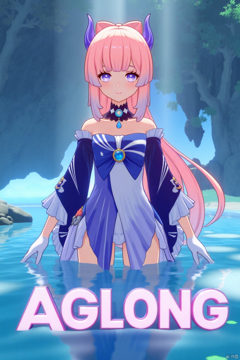 A solo girl with long, multicolored hair featuring pink and blue tones, blunt bangs, and a bow-shaped hair ornament, stands partially submerged in water. She has purple eyes, a blush, and a closed-mouth smile, looking directly at the viewer. She wears a detached collar, frilled sleeves, white gloves, thighhighs, and a bow, with bare shoulders and blue horns. The cinematic lighting highlights her dynamic pose, with a detailed background matching the poster theme. The composition is sharp and high-contrast, creating a dramatic atmosphere. Three-dimensional text AGlong is centered below, enhancing the movie poster aesthetic.