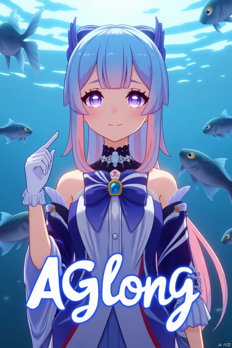 A solo girl with long, gradient hair blending blue and pink tones, blunt bangs, and sidelocks, gazes at the viewer with a warm smile. Her purple eyes and bow-shaped hair ornament complement her look. She wears a bowtie, detached sleeves, white gloves, and a bow, with bare shoulders and a dynamic pose. Fish swim around her in a zoom layer, enhancing the detailed background with a poster theme. Cinematic lighting and high contrast create a sharp, dramatic atmosphere. Three-dimensional text AGlong is centered below, completing the movie poster aesthetic.