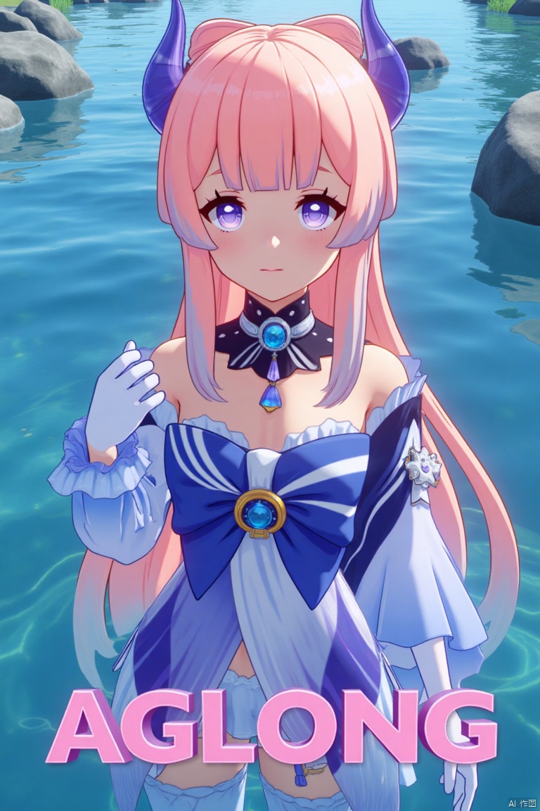 A solo girl with long, multicolored hair featuring pink and blue tones, blunt bangs, and a bow-shaped hair ornament, stands partially submerged in water. She has purple eyes, a blush, and a closed-mouth smile, looking directly at the viewer. She wears a detached collar, frilled sleeves, white gloves, thighhighs, and a bow, with bare shoulders and blue horns. The cinematic lighting highlights her dynamic pose, with a detailed background matching the poster theme. The composition is sharp and high-contrast, creating a dramatic atmosphere. Three-dimensional text AGlong is centered below, enhancing the movie poster aesthetic.