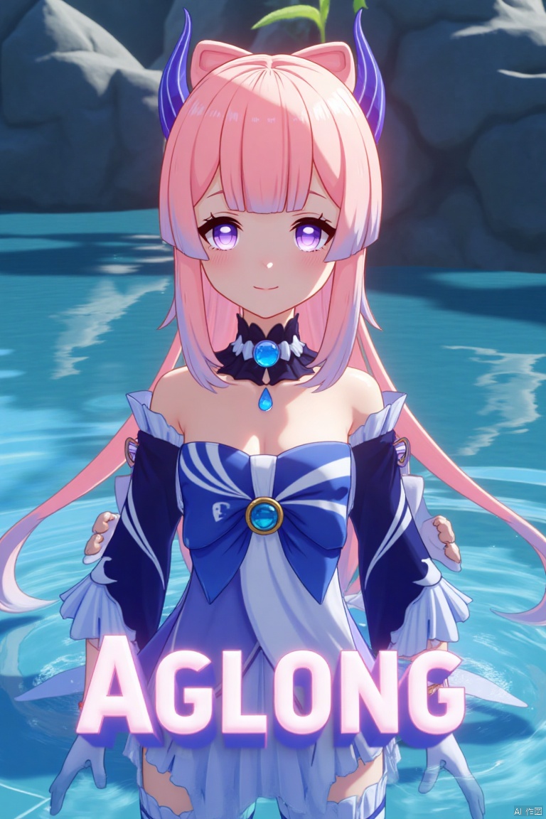 A solo girl with long, multicolored hair featuring pink and blue tones, blunt bangs, and a bow-shaped hair ornament, stands partially submerged in water. She has purple eyes, a blush, and a closed-mouth smile, looking directly at the viewer. She wears a detached collar, frilled sleeves, white gloves, thighhighs, and a bow, with bare shoulders and blue horns. The cinematic lighting highlights her dynamic pose, with a detailed background matching the poster theme. The composition is sharp and high-contrast, creating a dramatic atmosphere. Three-dimensional text AGlong is centered below, enhancing the movie poster aesthetic.