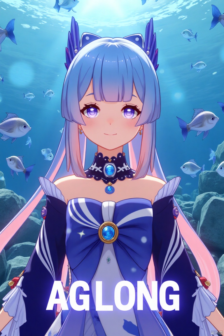 A solo girl with long, gradient hair blending blue and pink tones, blunt bangs, and sidelocks, gazes at the viewer with a warm smile. Her purple eyes and bow-shaped hair ornament complement her look. She wears a bowtie, detached sleeves, white gloves, and a bow, with bare shoulders and a dynamic pose. Fish swim around her in a zoom layer, enhancing the detailed background with a poster theme. Cinematic lighting and high contrast create a sharp, dramatic atmosphere. Three-dimensional text AGlong is centered below, completing the movie poster aesthetic.