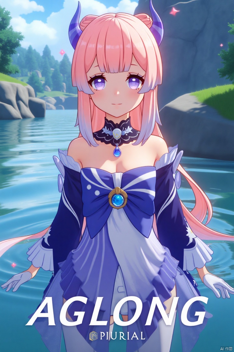 A solo girl with long, multicolored hair featuring pink and blue tones, blunt bangs, and a bow-shaped hair ornament, stands partially submerged in water. She has purple eyes, a blush, and a closed-mouth smile, looking directly at the viewer. She wears a detached collar, frilled sleeves, white gloves, thighhighs, and a bow, with bare shoulders and blue horns. The cinematic lighting highlights her dynamic pose, with a detailed background matching the poster theme. The composition is sharp and high-contrast, creating a dramatic atmosphere. Three-dimensional text AGlong is centered below, enhancing the movie poster aesthetic.
