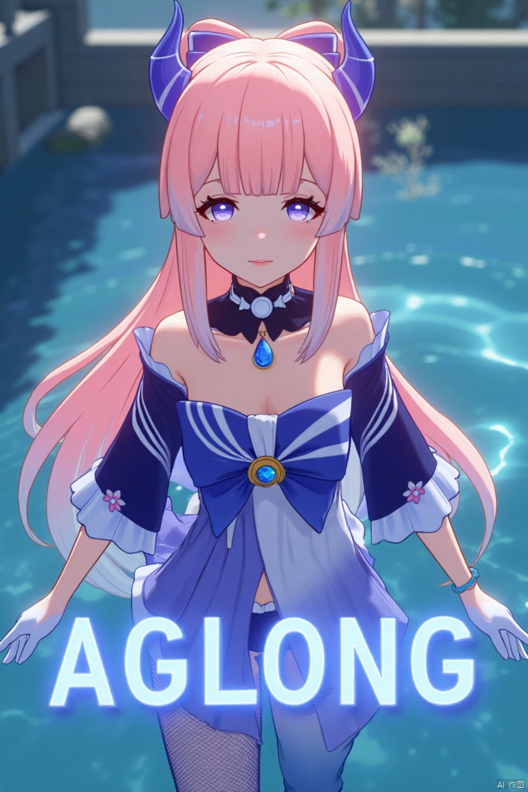 A solo girl with long, multicolored hair featuring pink and blue tones, blunt bangs, and a bow-shaped hair ornament, stands partially submerged in water. She has purple eyes, a blush, and a closed-mouth smile, looking directly at the viewer. She wears a detached collar, frilled sleeves, white gloves, thighhighs, and a bow, with bare shoulders and blue horns. The cinematic lighting highlights her dynamic pose, with a detailed background matching the poster theme. The composition is sharp and high-contrast, creating a dramatic atmosphere. Three-dimensional text AGlong is centered below, enhancing the movie poster aesthetic.