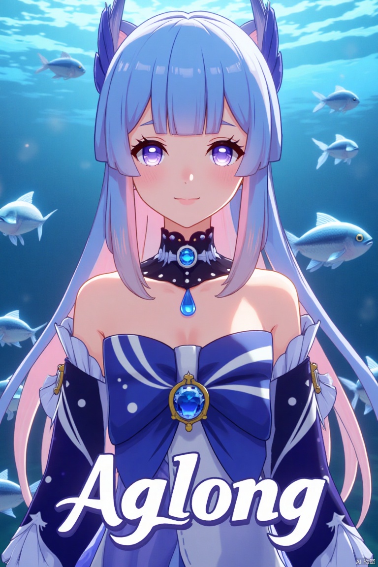 A solo girl with long, gradient hair blending blue and pink tones, blunt bangs, and sidelocks, gazes at the viewer with a warm smile. Her purple eyes and bow-shaped hair ornament complement her look. She wears a bowtie, detached sleeves, white gloves, and a bow, with bare shoulders and a dynamic pose. Fish swim around her in a zoom layer, enhancing the detailed background with a poster theme. Cinematic lighting and high contrast create a sharp, dramatic atmosphere. Three-dimensional text AGlong is centered below, completing the movie poster aesthetic.