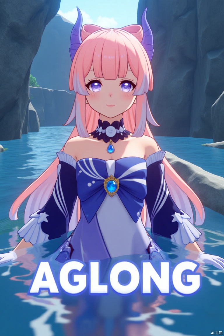 A solo girl with long, multicolored hair featuring pink and blue tones, blunt bangs, and a bow-shaped hair ornament, stands partially submerged in water. She has purple eyes, a blush, and a closed-mouth smile, looking directly at the viewer. She wears a detached collar, frilled sleeves, white gloves, thighhighs, and a bow, with bare shoulders and blue horns. The cinematic lighting highlights her dynamic pose, with a detailed background matching the poster theme. The composition is sharp and high-contrast, creating a dramatic atmosphere. Three-dimensional text AGlong is centered below, enhancing the movie poster aesthetic.