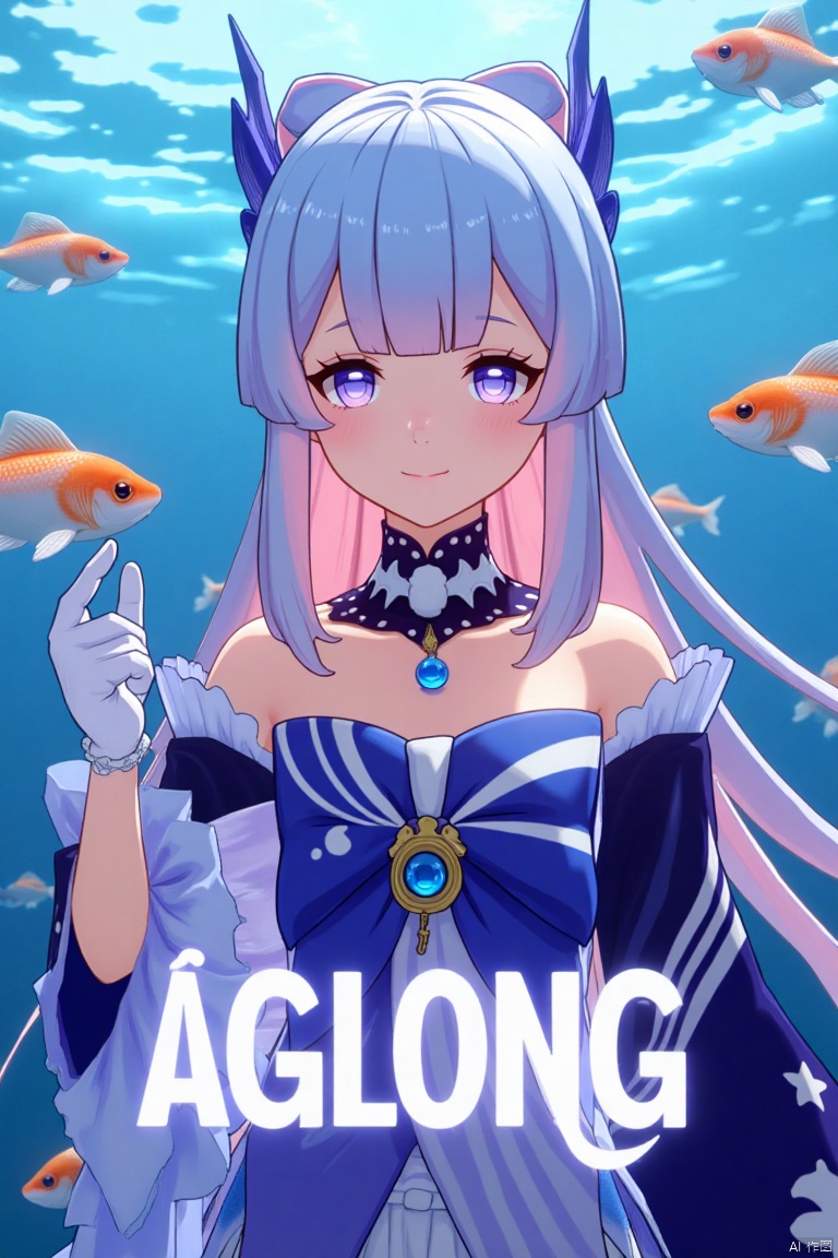 A solo girl with long, gradient hair blending blue and pink tones, blunt bangs, and sidelocks, gazes at the viewer with a warm smile. Her purple eyes and bow-shaped hair ornament complement her look. She wears a bowtie, detached sleeves, white gloves, and a bow, with bare shoulders and a dynamic pose. Fish swim around her in a zoom layer, enhancing the detailed background with a poster theme. Cinematic lighting and high contrast create a sharp, dramatic atmosphere. Three-dimensional text AGlong is centered below, completing the movie poster aesthetic.