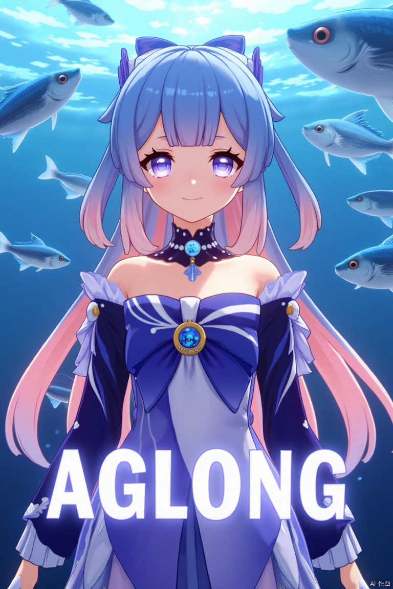 A solo girl with long, gradient hair blending blue and pink tones, blunt bangs, and sidelocks, gazes at the viewer with a warm smile. Her purple eyes and bow-shaped hair ornament complement her look. She wears a bowtie, detached sleeves, white gloves, and a bow, with bare shoulders and a dynamic pose. Fish swim around her in a zoom layer, enhancing the detailed background with a poster theme. Cinematic lighting and high contrast create a sharp, dramatic atmosphere. Three-dimensional text AGlong is centered below, completing the movie poster aesthetic.