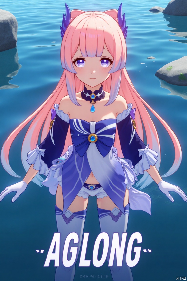 A solo girl with long, multicolored hair featuring pink and blue tones, blunt bangs, and a bow-shaped hair ornament, stands partially submerged in water. She has purple eyes, a blush, and a closed-mouth smile, looking directly at the viewer. She wears a detached collar, frilled sleeves, white gloves, thighhighs, and a bow, with bare shoulders and blue horns. The cinematic lighting highlights her dynamic pose, with a detailed background matching the poster theme. The composition is sharp and high-contrast, creating a dramatic atmosphere. Three-dimensional text AGlong is centered below, enhancing the movie poster aesthetic.