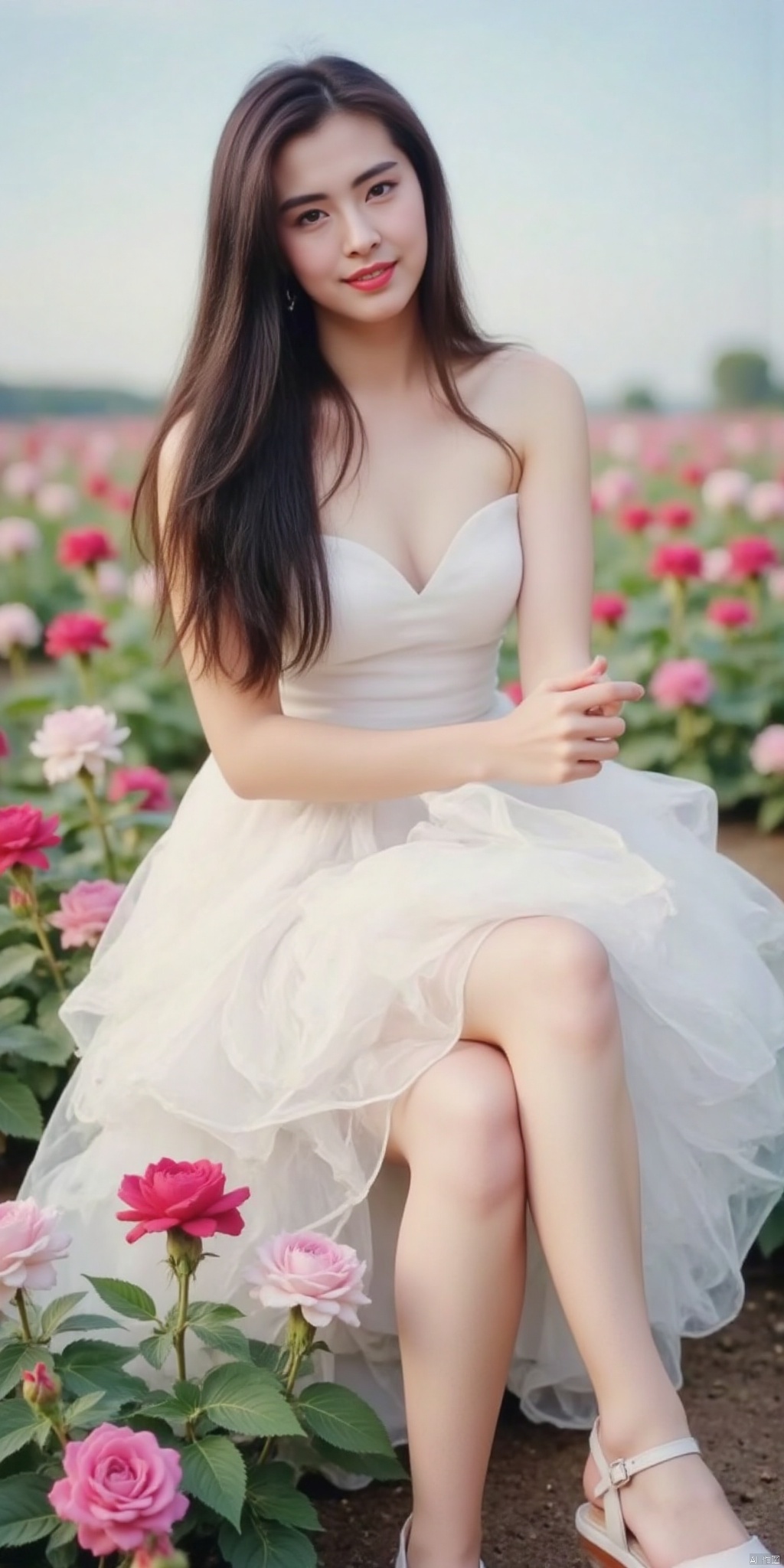 真人肌肤纹理, 4K画质,完美身材,long legs,big_breasts,navel,,(Good structure), DSLR Quality,Depth of field,kind smile,looking_at_viewer,Dynamic pose,, best quality, masterpiece, illustration, (reflection light), incredibly absurdres, ((Movie Poster), (signature:1.3), (English text), 1girl, girl middle of flower, pure sky,clear sky, outside, collarbone, sitting, absurdly long hair, clear boundaries of the cloth, white dress, fantastic scenery, ground of flowers, thousand of flowers, colorful flowers, flowers around her, various flowers,bare shoulders,skirt, sandals,, , weddingdress, ,wangzuxian