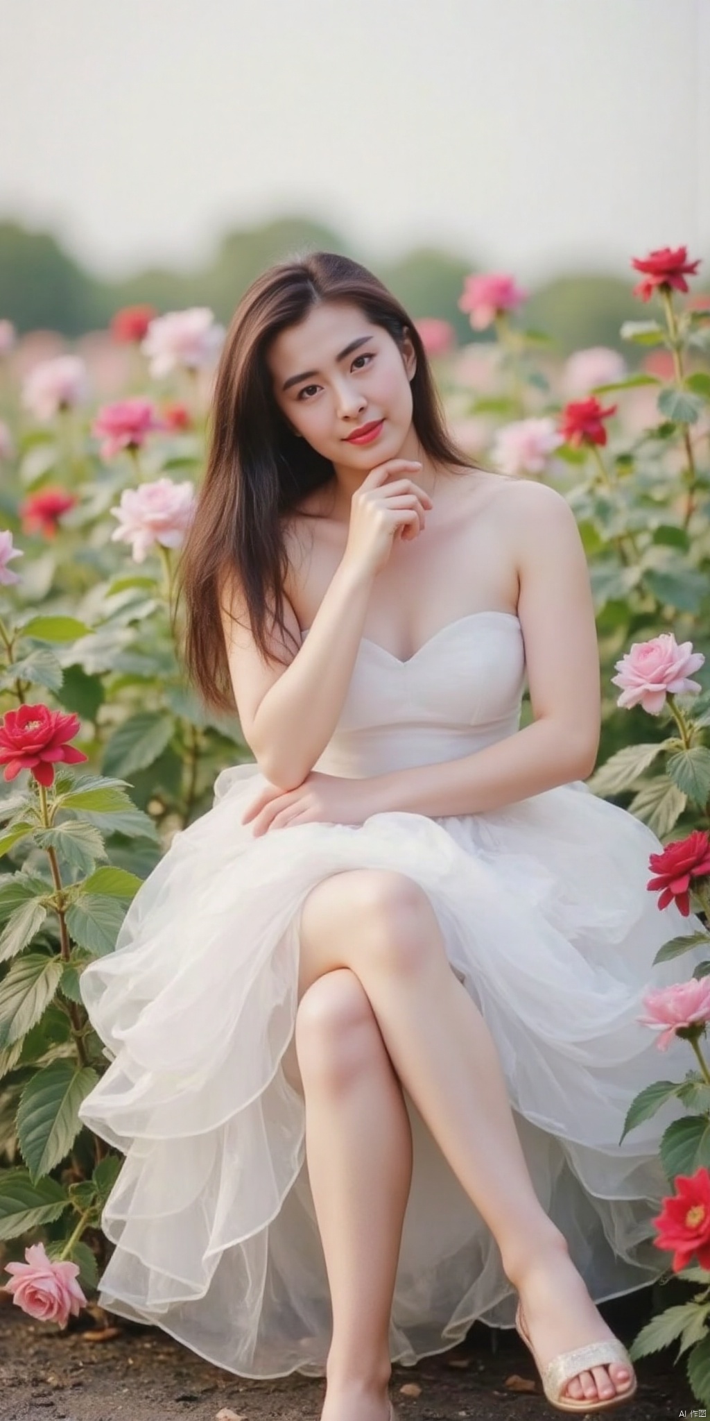 真人肌肤纹理, 4K画质,完美身材,long legs,big_breasts,navel,,(Good structure), DSLR Quality,Depth of field,kind smile,looking_at_viewer,Dynamic pose,, best quality, masterpiece, illustration, (reflection light), incredibly absurdres, ((Movie Poster), (signature:1.3), (English text), 1girl, girl middle of flower, pure sky,clear sky, outside, collarbone, sitting, absurdly long hair, clear boundaries of the cloth, white dress, fantastic scenery, ground of flowers, thousand of flowers, colorful flowers, flowers around her, various flowers,bare shoulders,skirt, sandals,, , weddingdress, ,wangzuxian